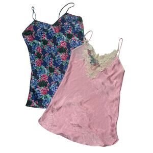 Vintage Floral Satin Lingerie Womens Large Pink Blue Lace Slip Nighty Chemise